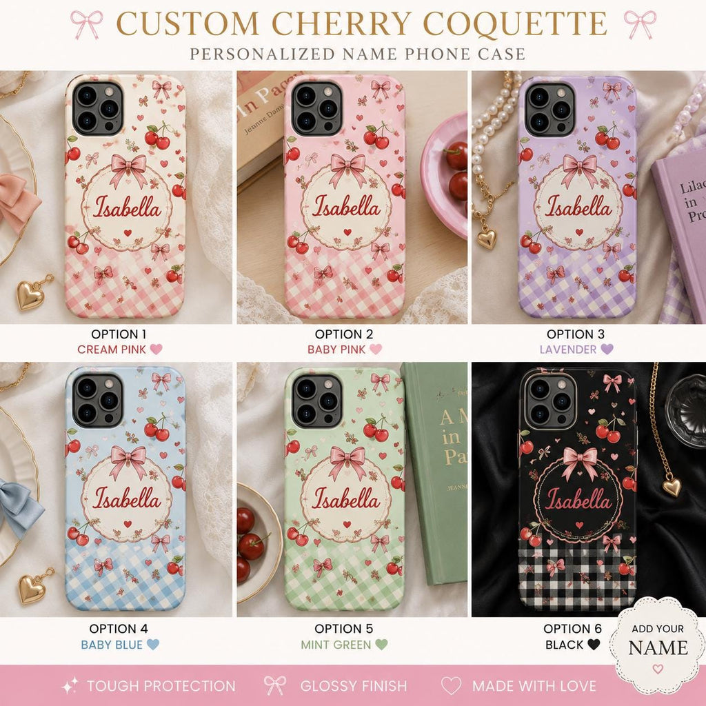 Personalized Cherry Phone Case, Custom Name Coquette Tough Case