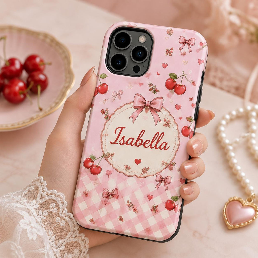 Personalized Cherry Phone Case, Custom Name Coquette Tough Case