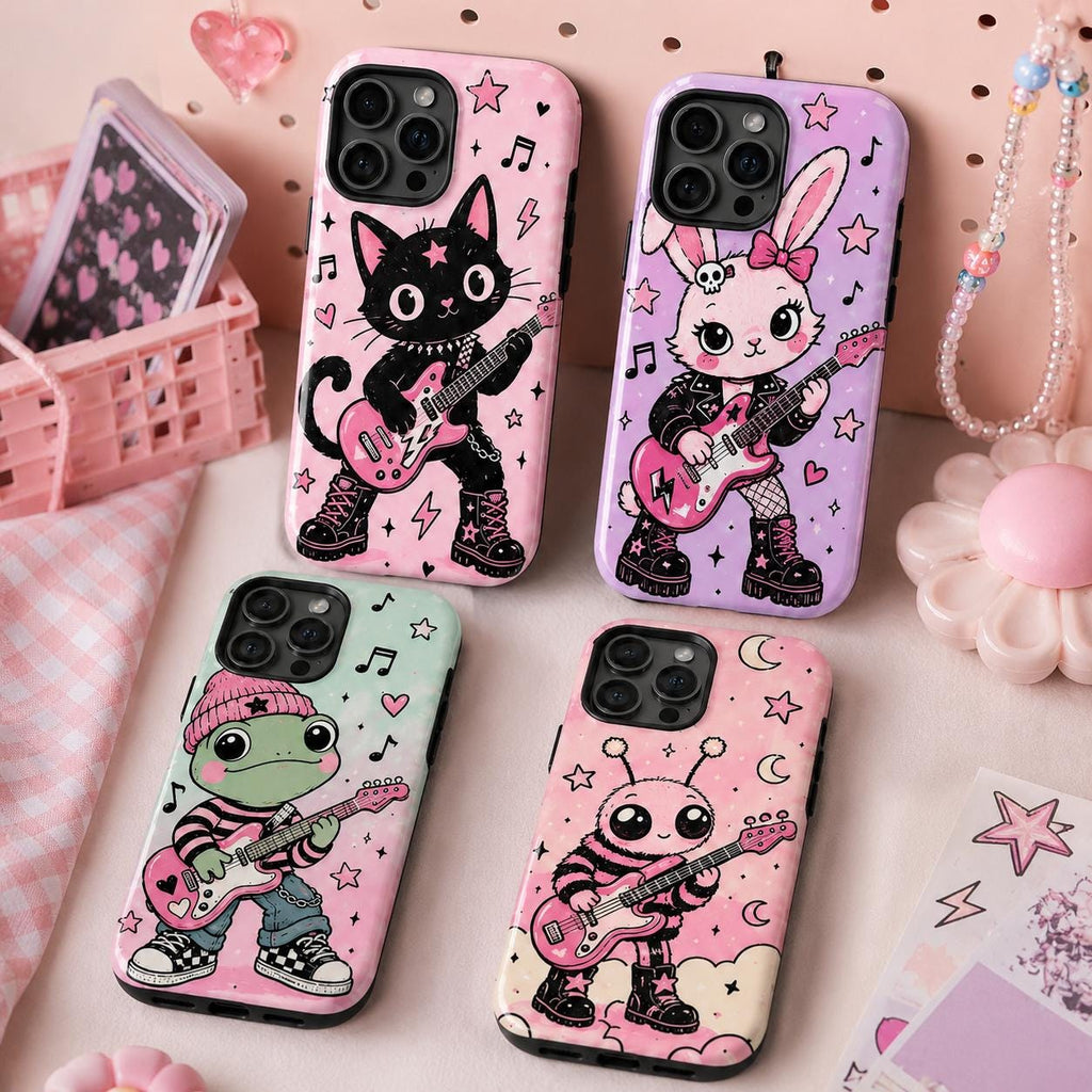 Cute Rock Moth Phone Case, Pink Guitar Music iPhone Case, Kawaii Bug Lover Gift