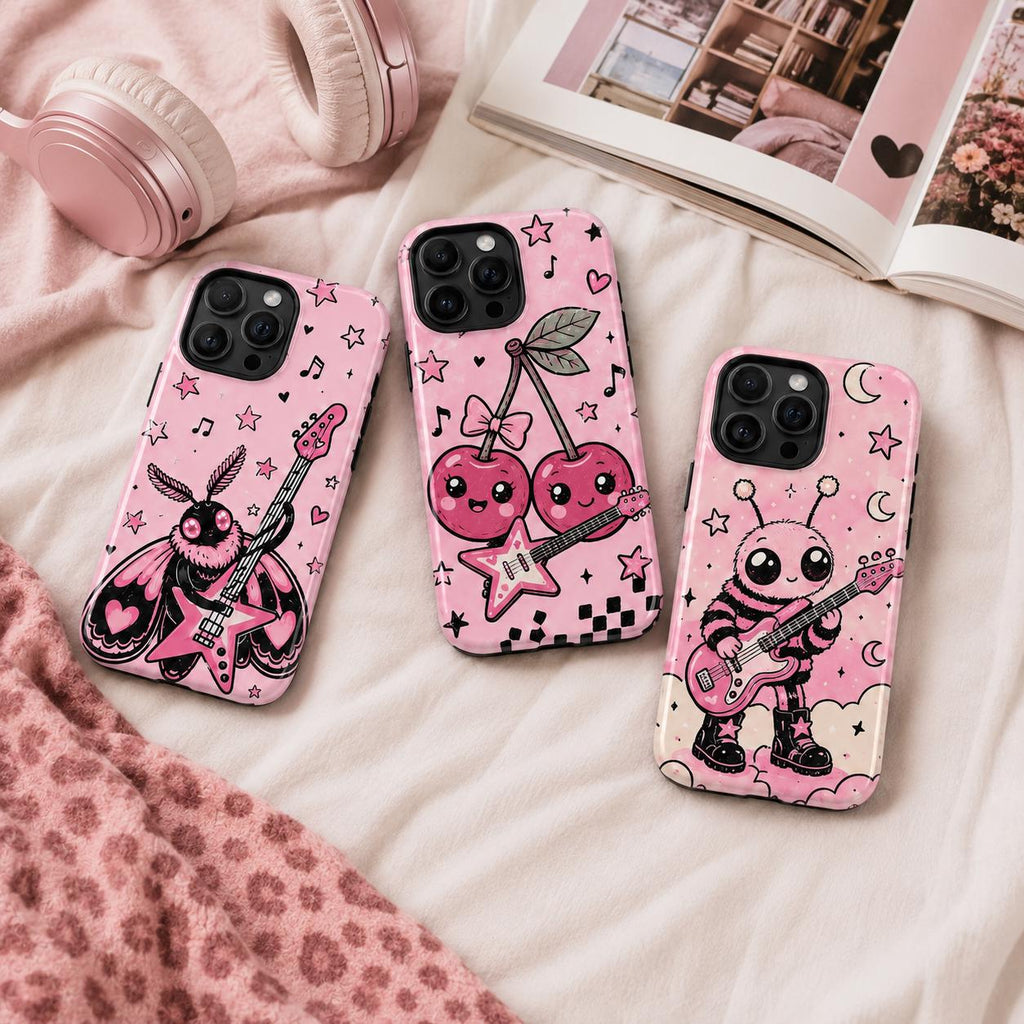 Cute Rock Moth Phone Case, Pink Guitar Music iPhone Case, Kawaii Bug Lover Gift