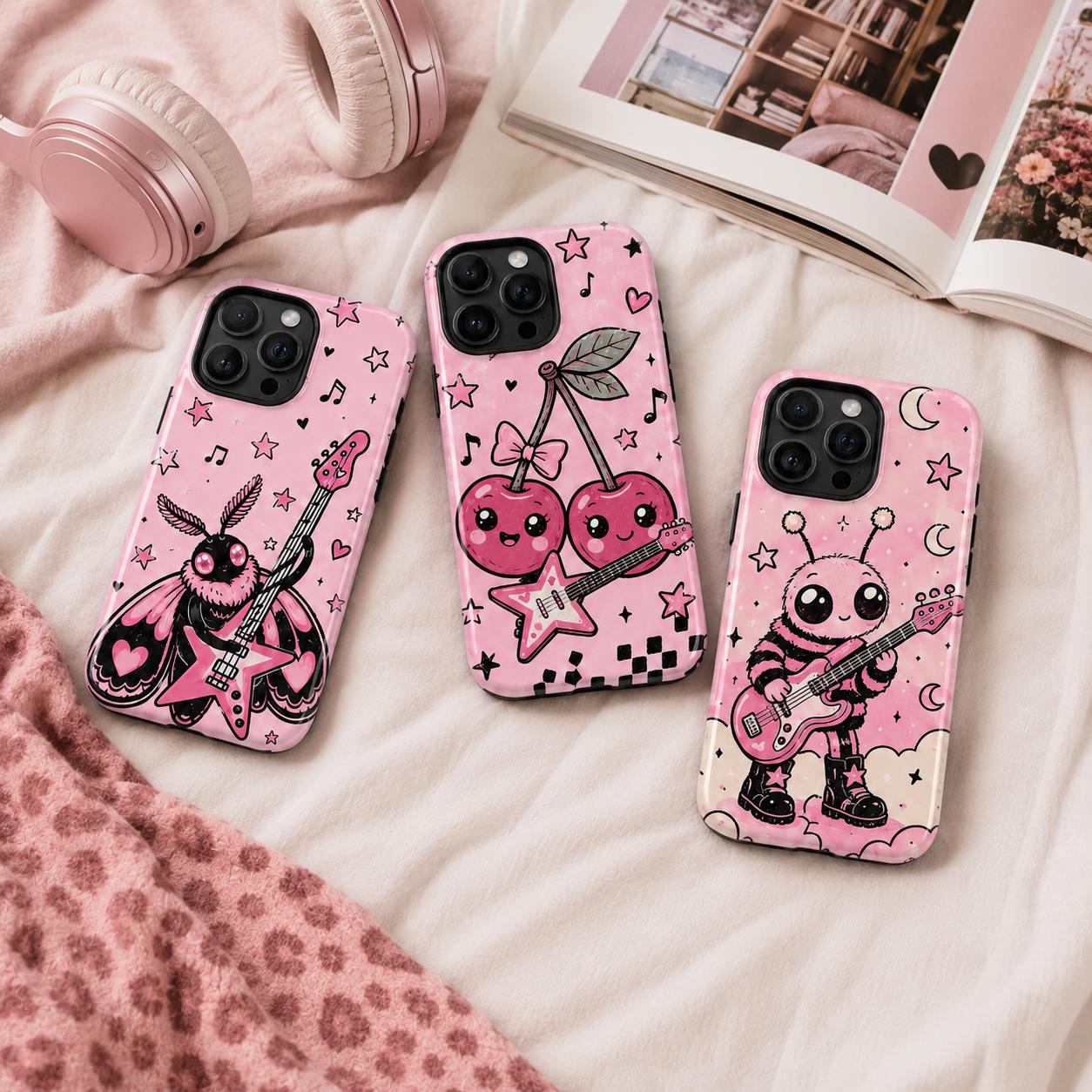 Cute Rock Moth Phone Case, Pink Guitar Music iPhone Case, Kawaii Bug Lover Gift