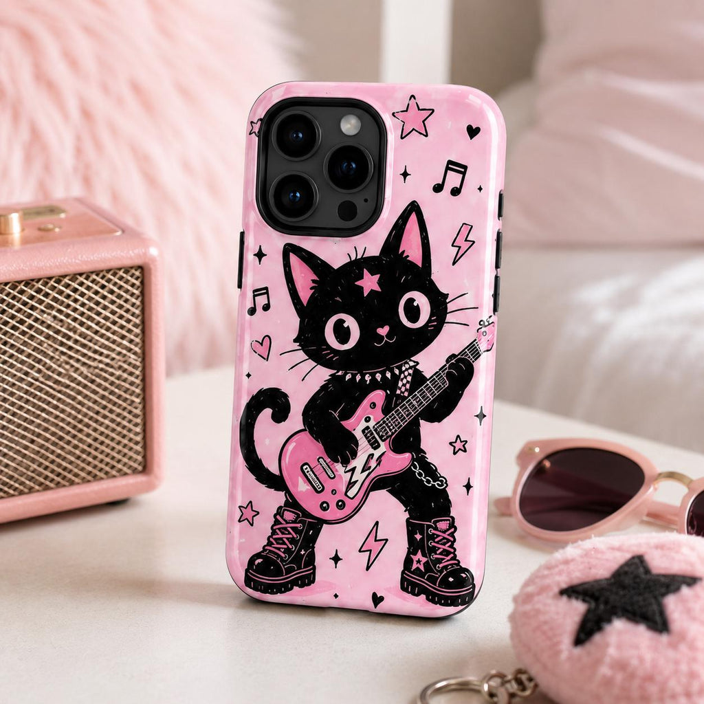 Cute Rock Moth Phone Case, Pink Guitar Music iPhone Case, Kawaii Bug Lover Gift