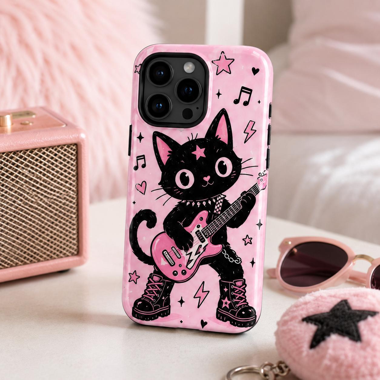 Cute Rock Moth Phone Case, Pink Guitar Music iPhone Case, Kawaii Bug Lover Gift