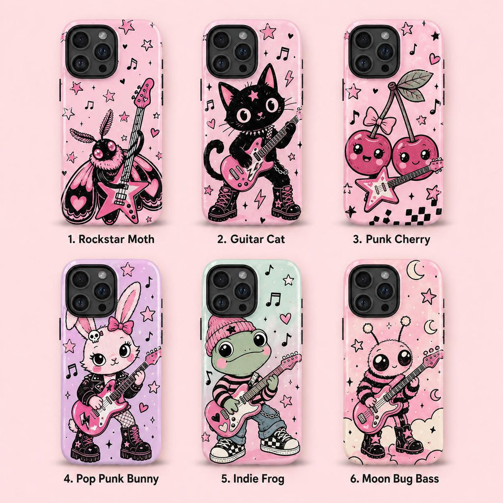 Cute Rock Moth Phone Case, Pink Guitar Music iPhone Case, Kawaii Bug Lover Gift
