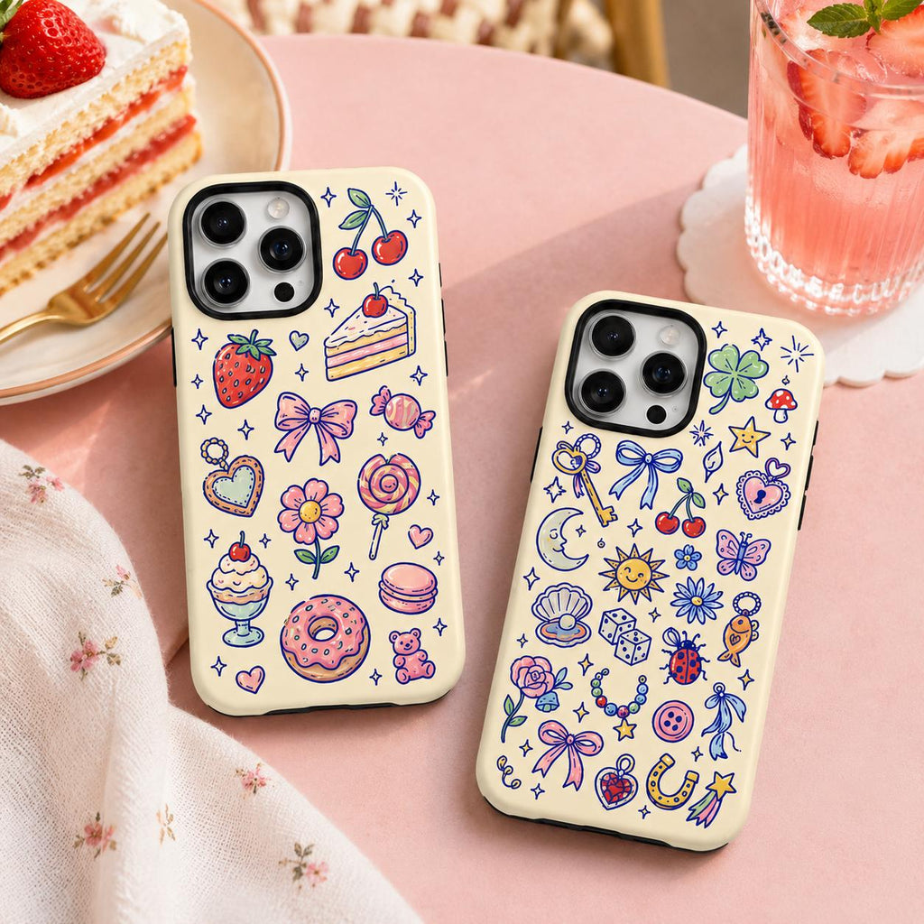 Cute Lucky Charm Phone Case, Coquette Doodle iPhone Case, Bow Star Mushroom Case Gift