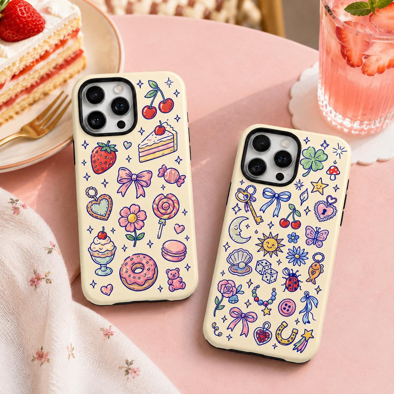 Cute Lucky Charm Phone Case, Coquette Doodle iPhone Case, Bow Star Mushroom Case Gift