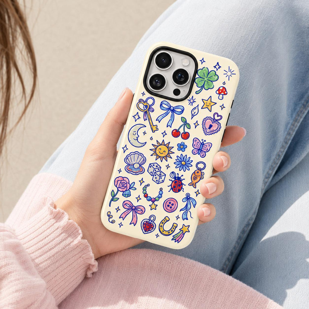Cute Lucky Charm Phone Case, Coquette Doodle iPhone Case, Bow Star Mushroom Case Gift