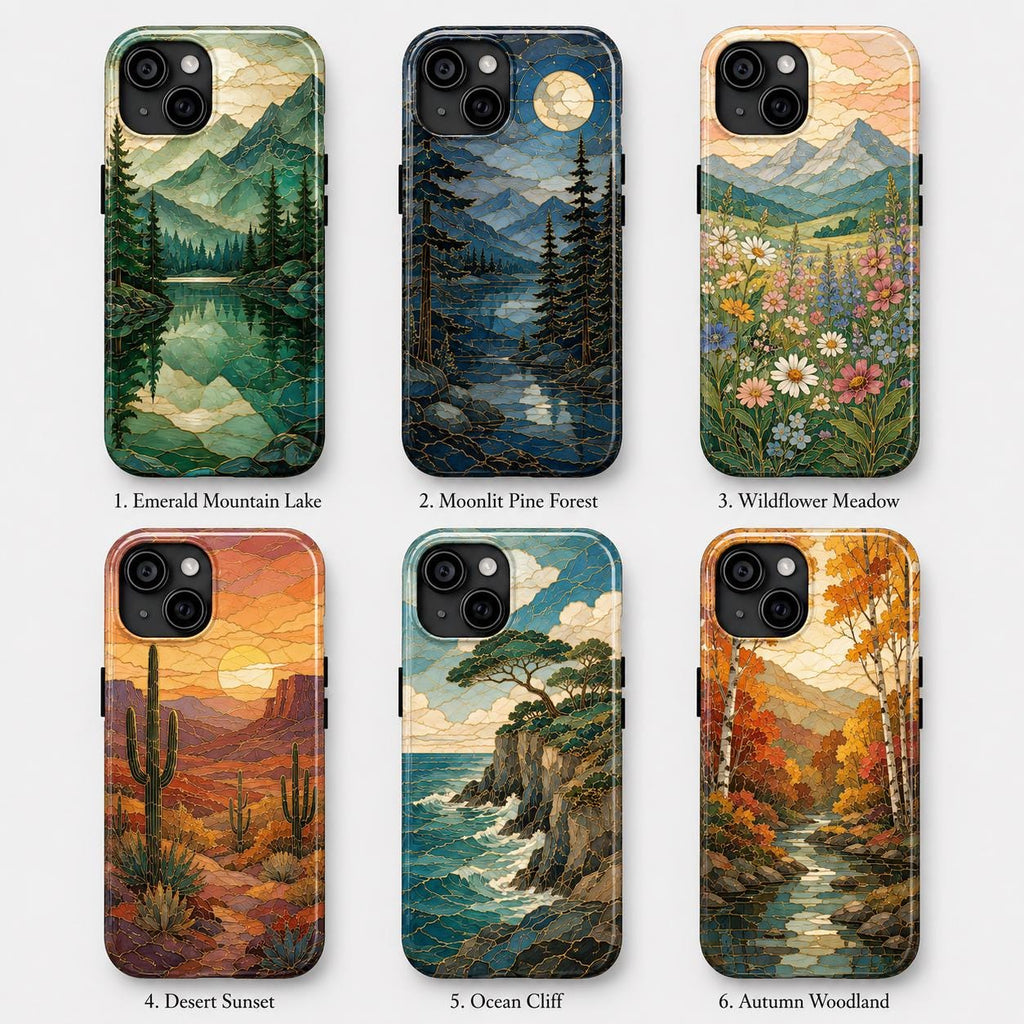 Mountain Lake Phone Case, Stained Glass Style Forest iPhone Case, Nature Lover Gift