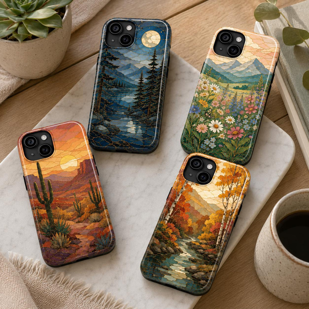 Mountain Lake Phone Case, Stained Glass Style Forest iPhone Case, Nature Lover Gift