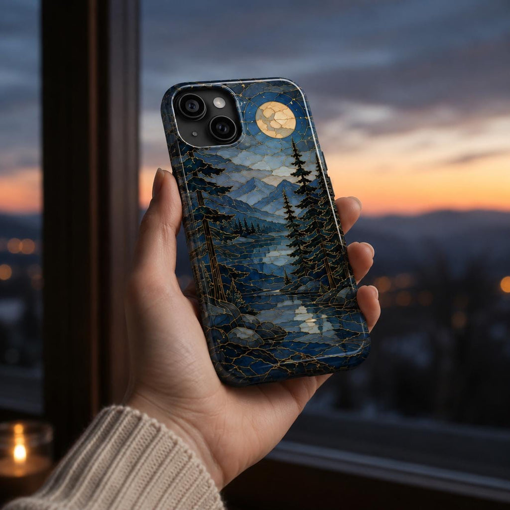 Mountain Lake Phone Case, Stained Glass Style Forest iPhone Case, Nature Lover Gift