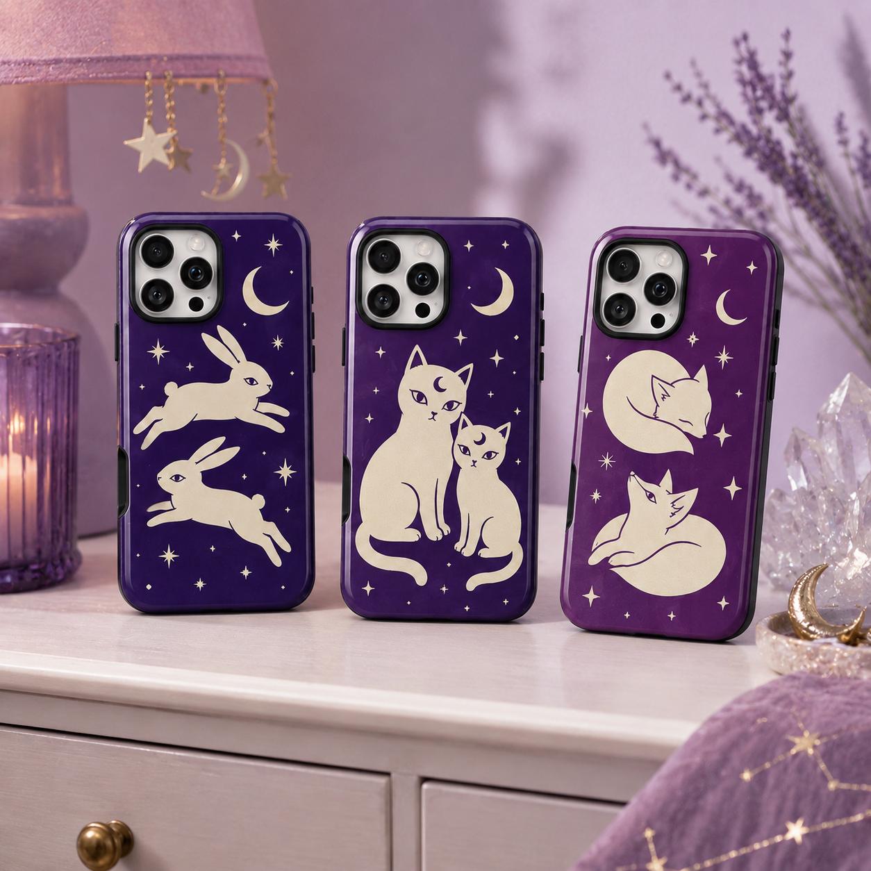Celestial Rabbit Phone Case, Purple Moon Bunny iPhone Case, Minimal Star Animal Case Gift