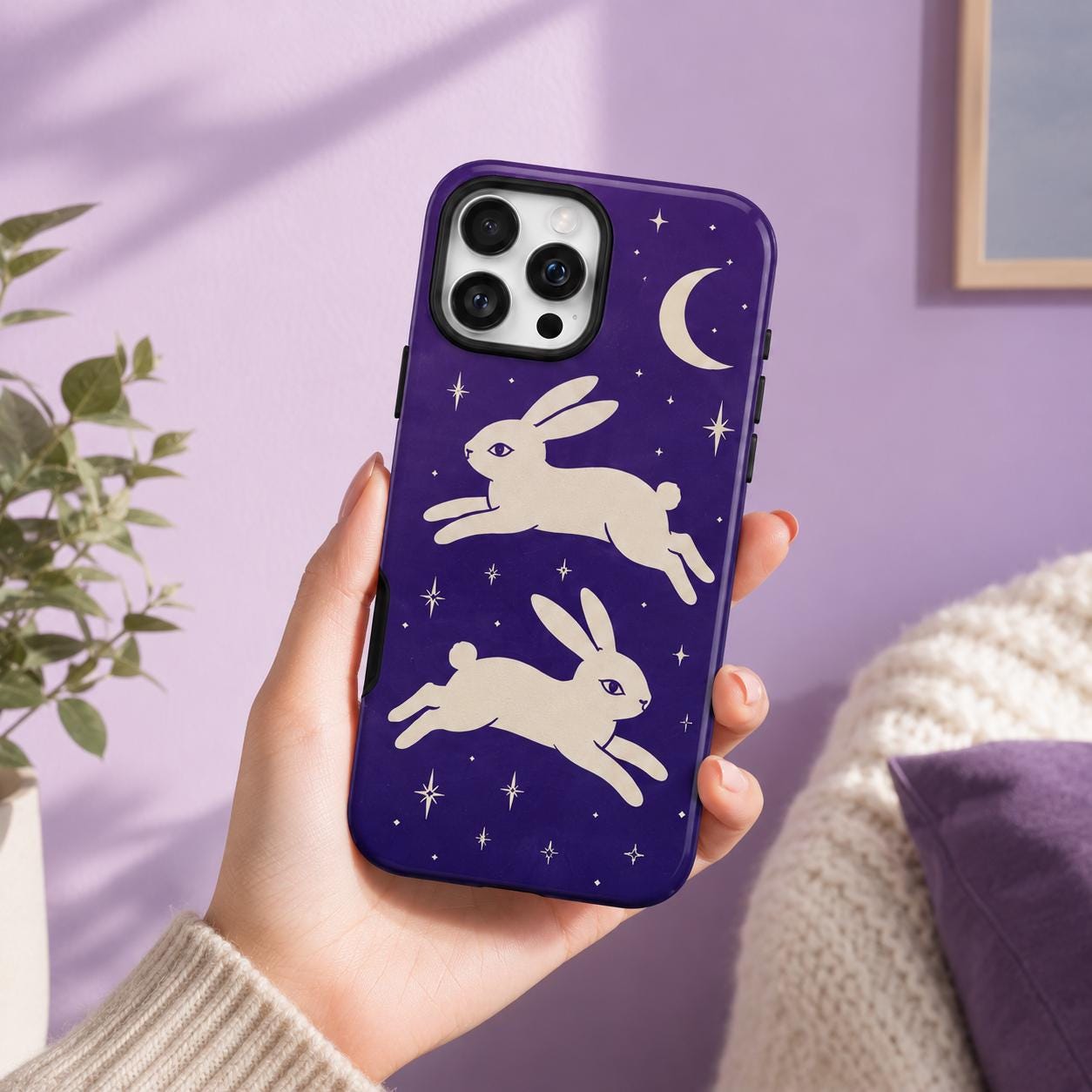 Celestial Rabbit Phone Case, Purple Moon Bunny iPhone Case, Minimal Star Animal Case Gift