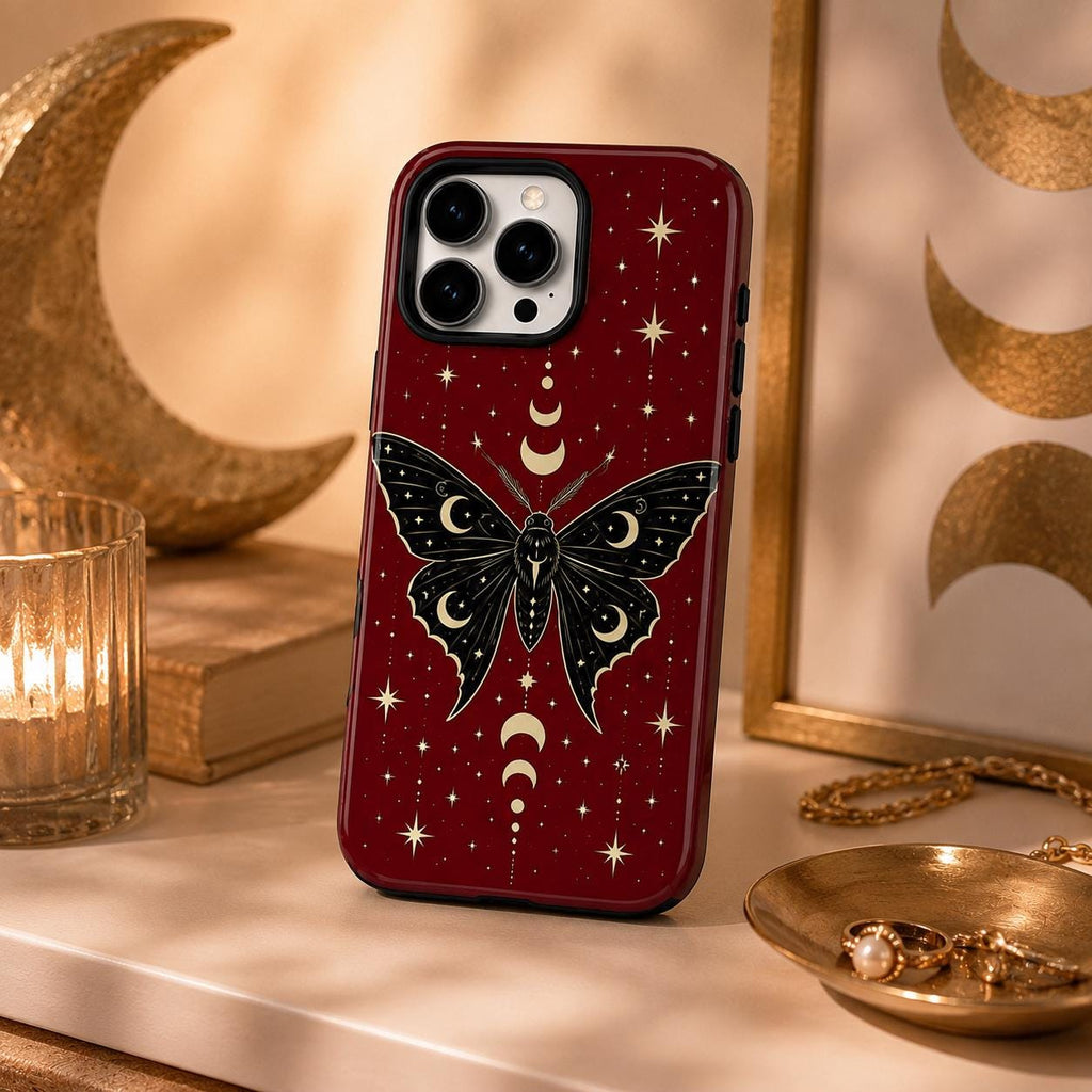 Celestial Moth Phone Case, Red Moon Star iPhone Case, Gothic Insect Case Gift