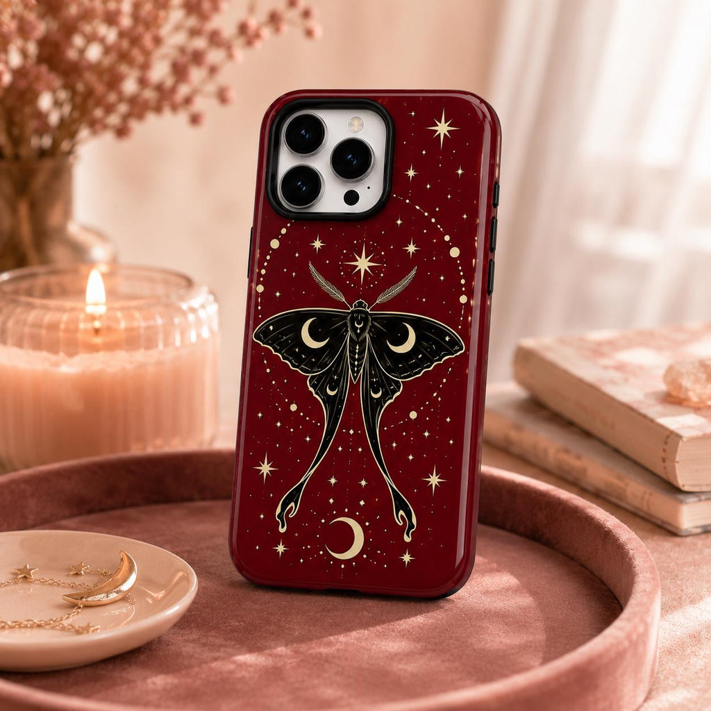 Celestial Moth Phone Case, Red Moon Star iPhone Case, Gothic Insect Case Gift