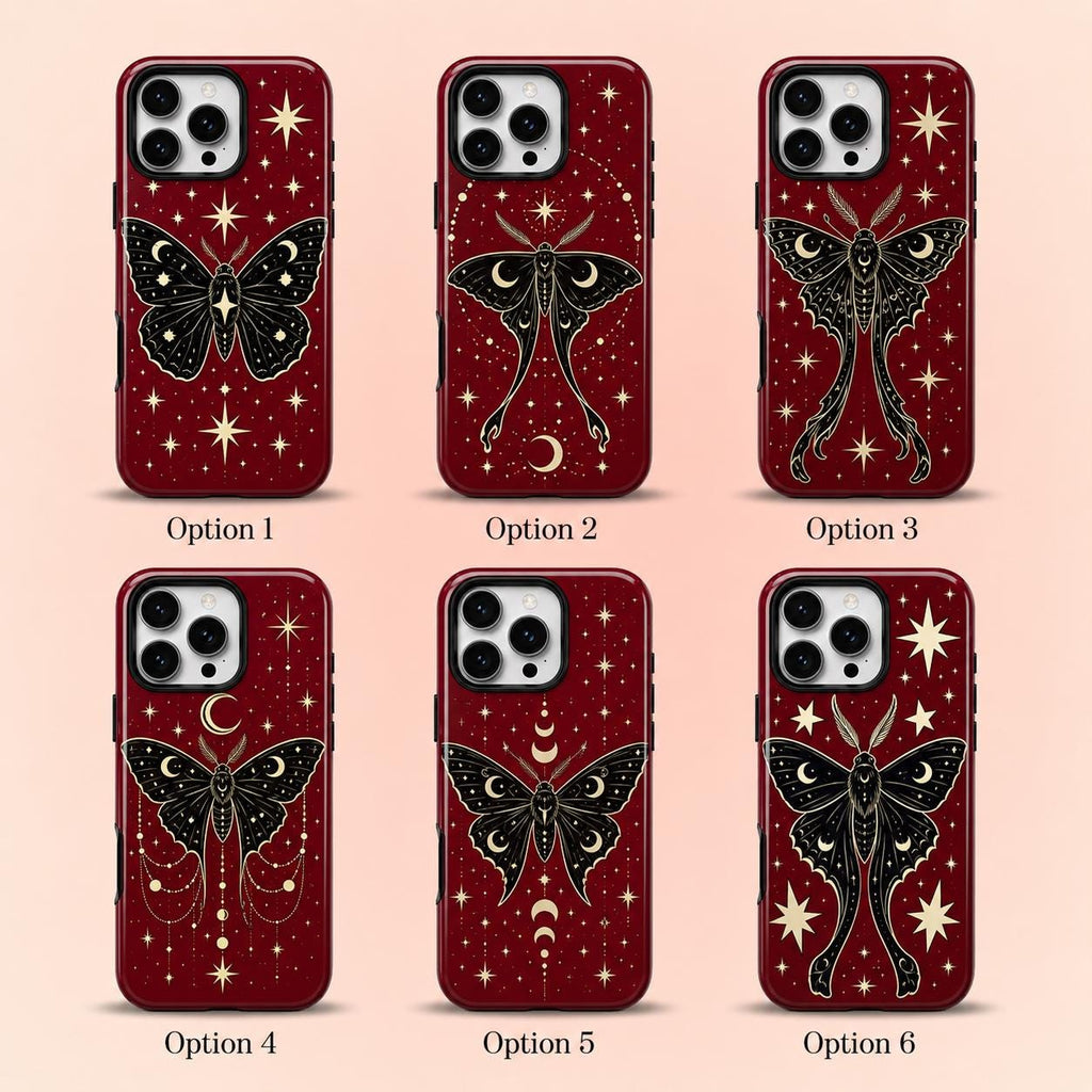Celestial Moth Phone Case, Red Moon Star iPhone Case, Gothic Insect Case Gift