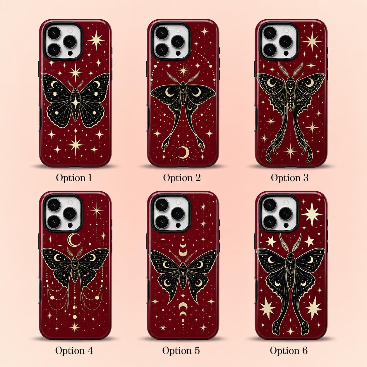 Celestial Moth Phone Case, Red Moon Star iPhone Case, Gothic Insect Case Gift