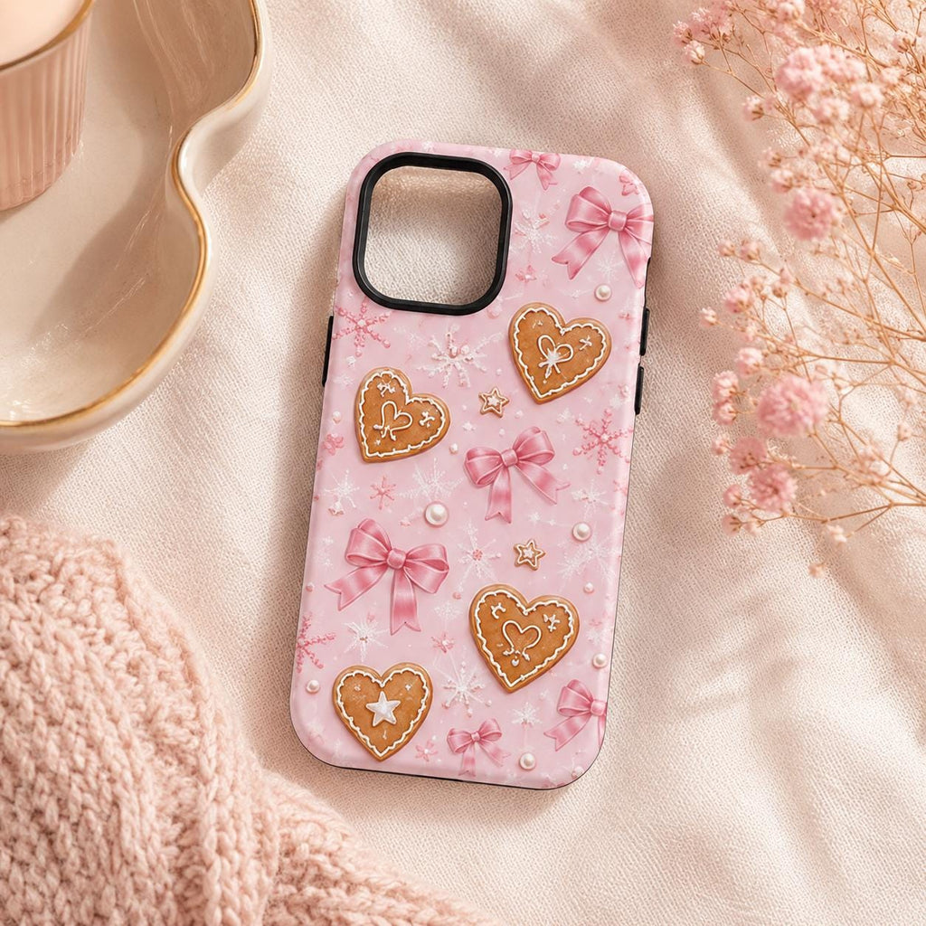 Pink Gingerbread Bow Phone Case, Coquette Christmas iPhone Case, Cute Holiday Case Gift