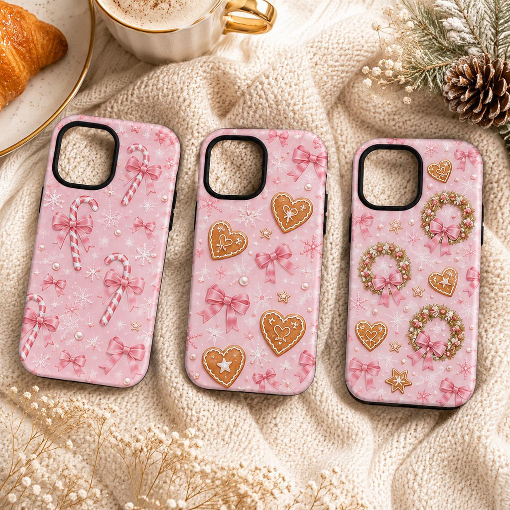 Pink Gingerbread Bow Phone Case, Coquette Christmas iPhone Case, Cute Holiday Case Gift
