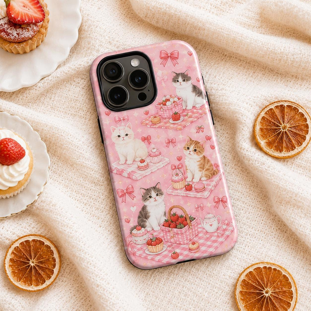 Cute Cat Picnic Phone Case, Pink Strawberry Bow iPhone Case, Coquette Cat Lover Gift