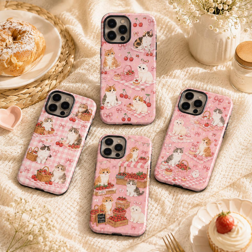 Cute Cat Picnic Phone Case, Pink Strawberry Bow iPhone Case, Coquette Cat Lover Gift