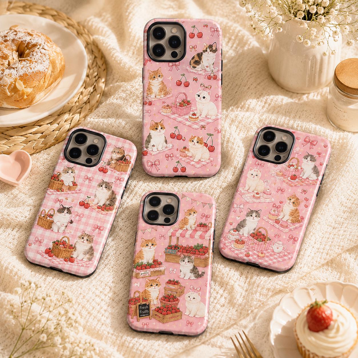 Cute Cat Picnic Phone Case, Pink Strawberry Bow iPhone Case, Coquette Cat Lover Gift