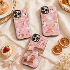 Cute Cat Picnic Phone Case, Pink Strawberry Bow iPhone Case, Coquette Cat Lover Gift
