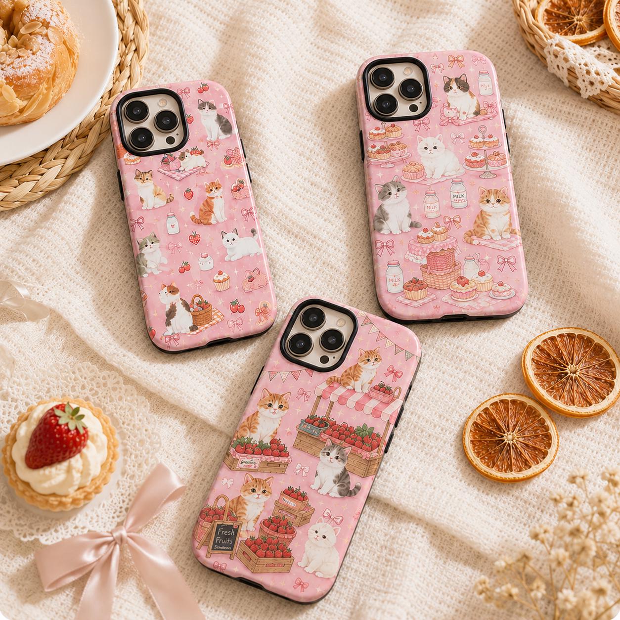 Cute Cat Picnic Phone Case, Pink Strawberry Bow iPhone Case, Coquette Cat Lover Gift