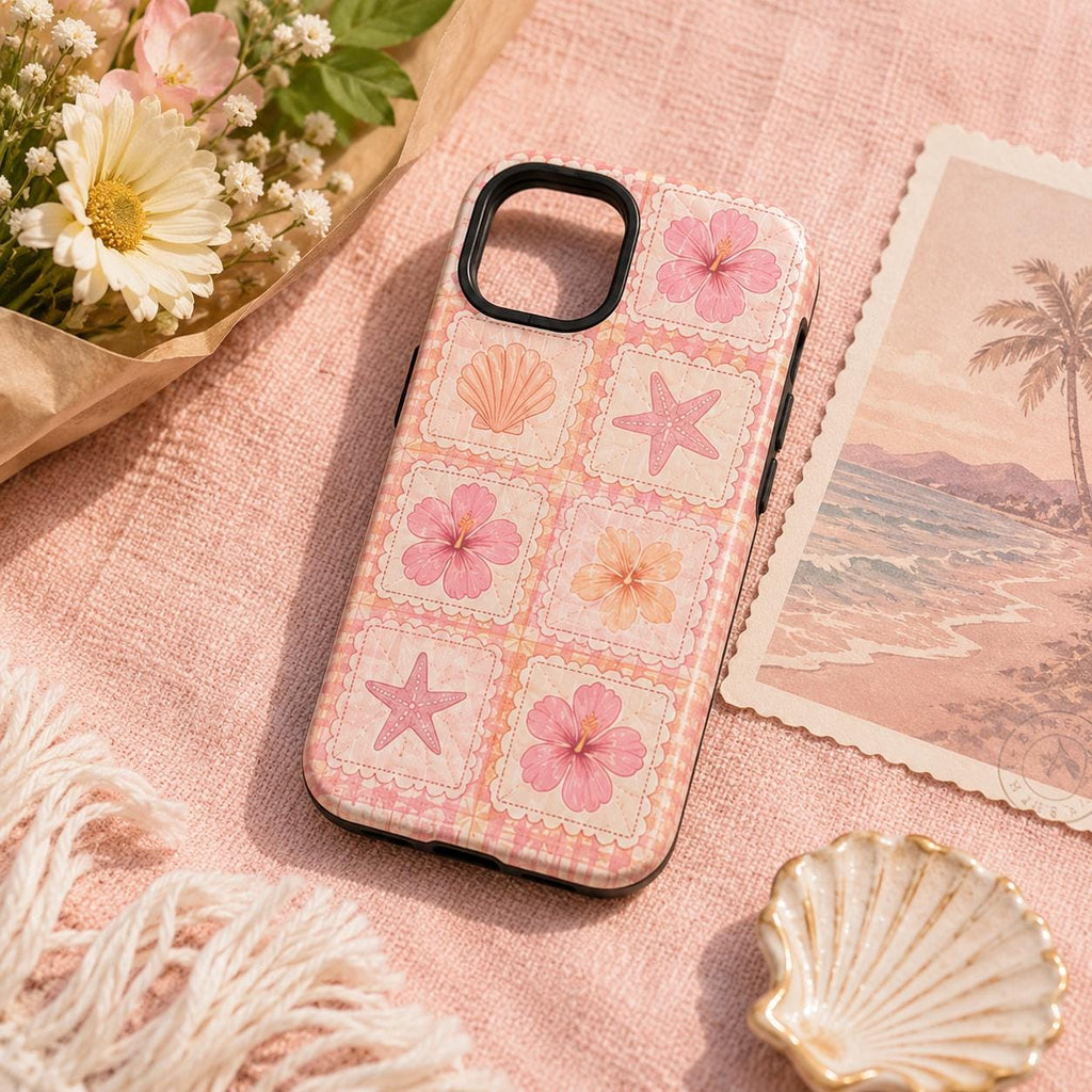 Summer Stamp Phone Case, Pink Beach iPhone Case, Coquette Coastal Travel Case Gift