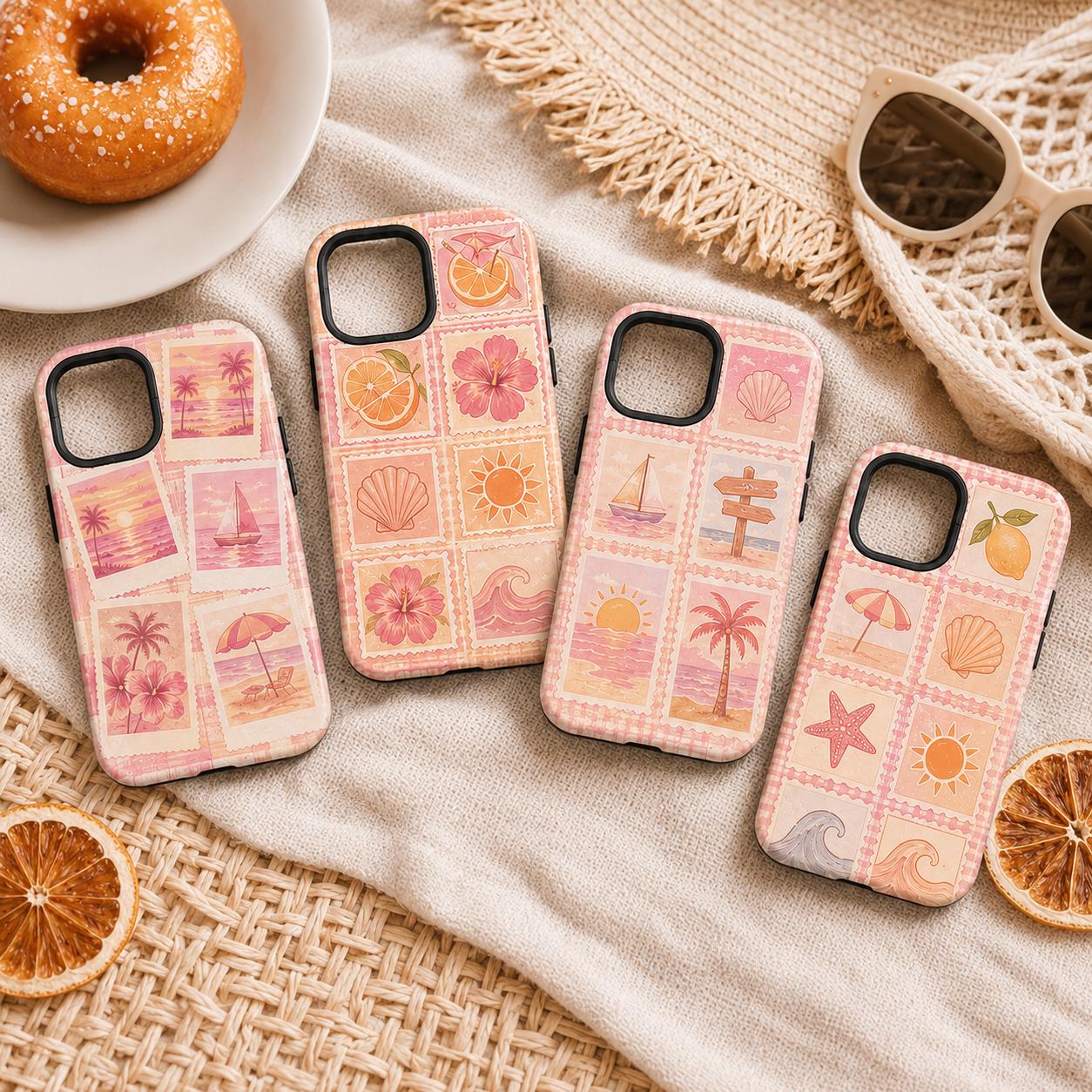 Summer Stamp Phone Case, Pink Beach iPhone Case, Coquette Coastal Travel Case Gift