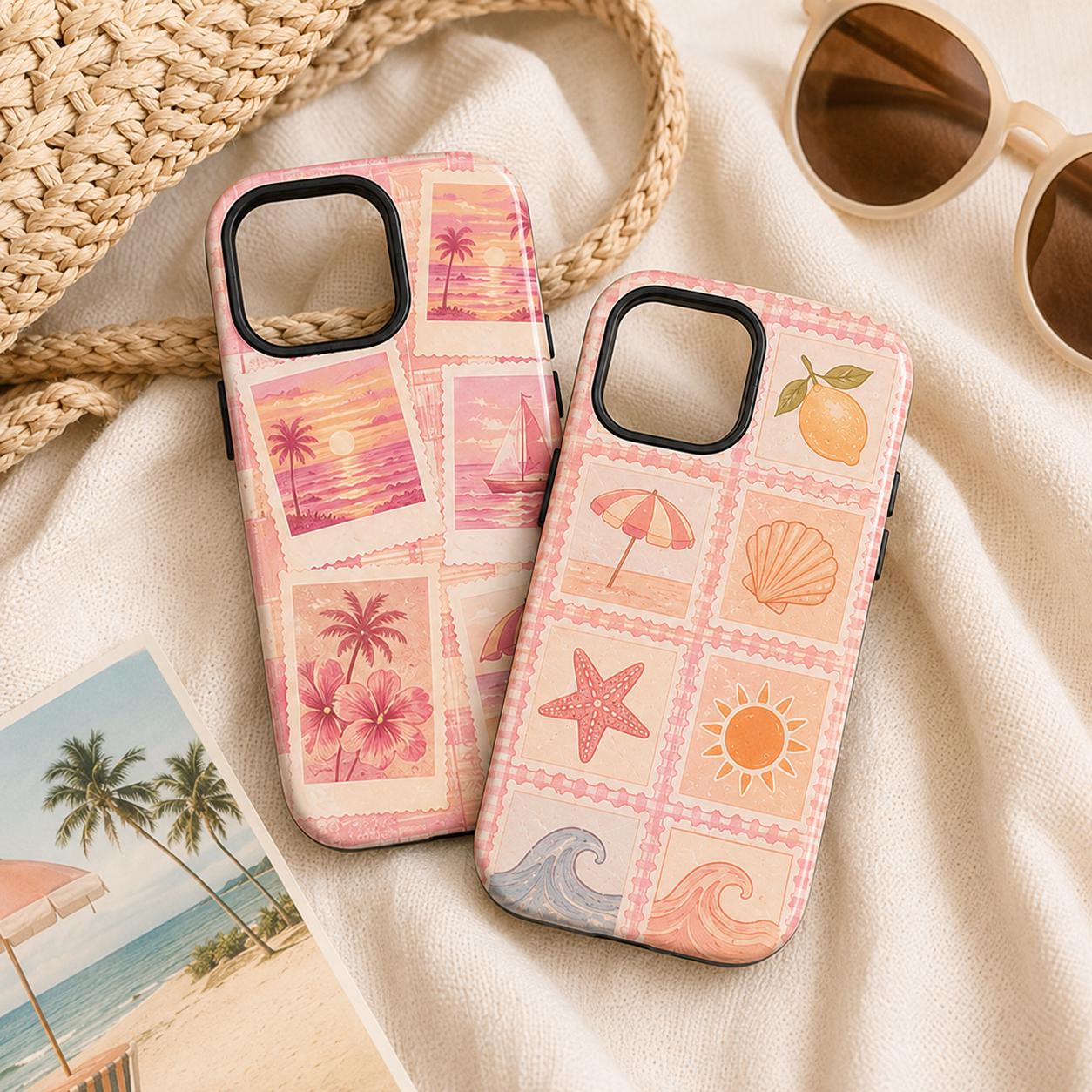 Summer Stamp Phone Case, Pink Beach iPhone Case, Coquette Coastal Travel Case Gift