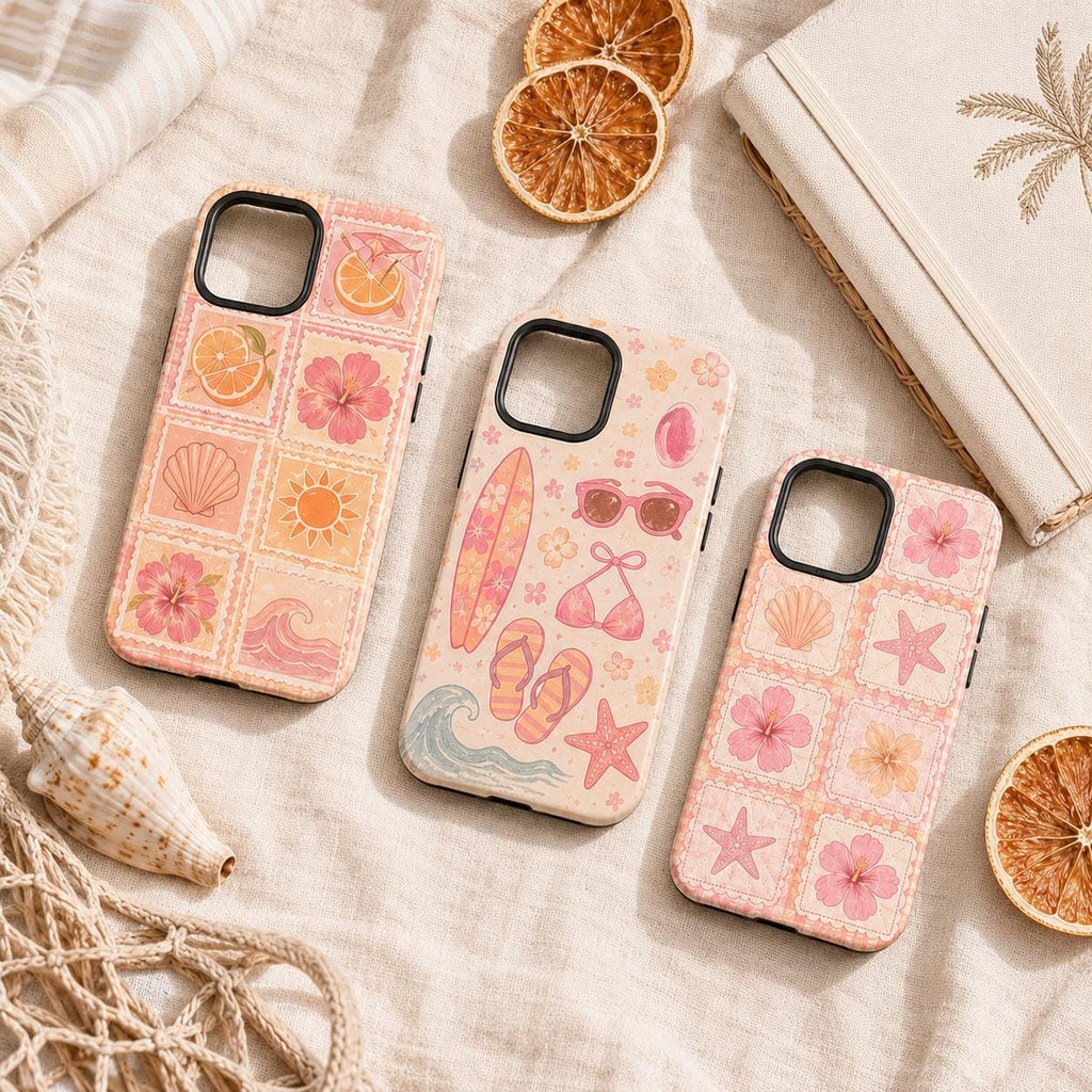 Summer Stamp Phone Case, Pink Beach iPhone Case, Coquette Coastal Travel Case Gift
