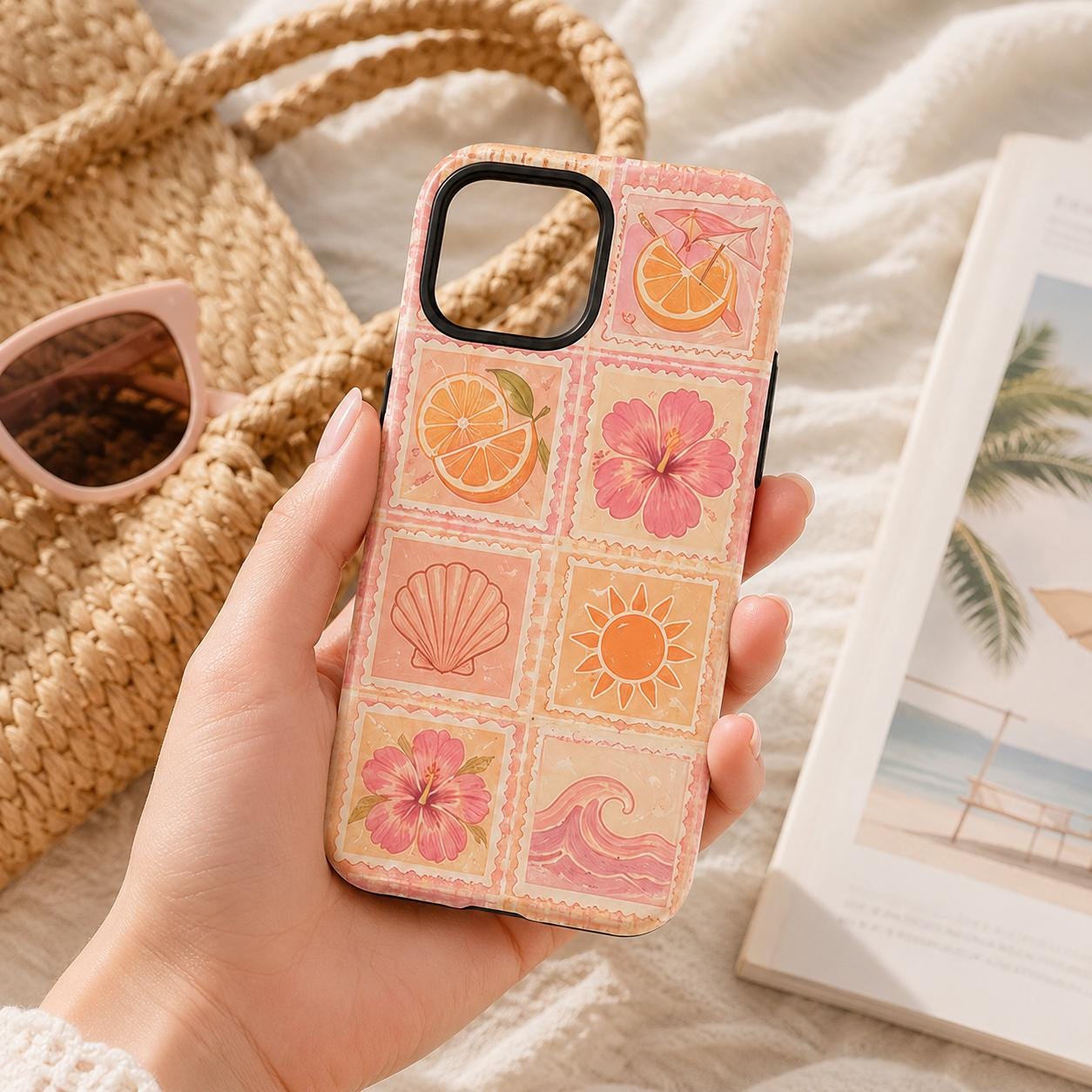 Summer Stamp Phone Case, Pink Beach iPhone Case, Coquette Coastal Travel Case Gift