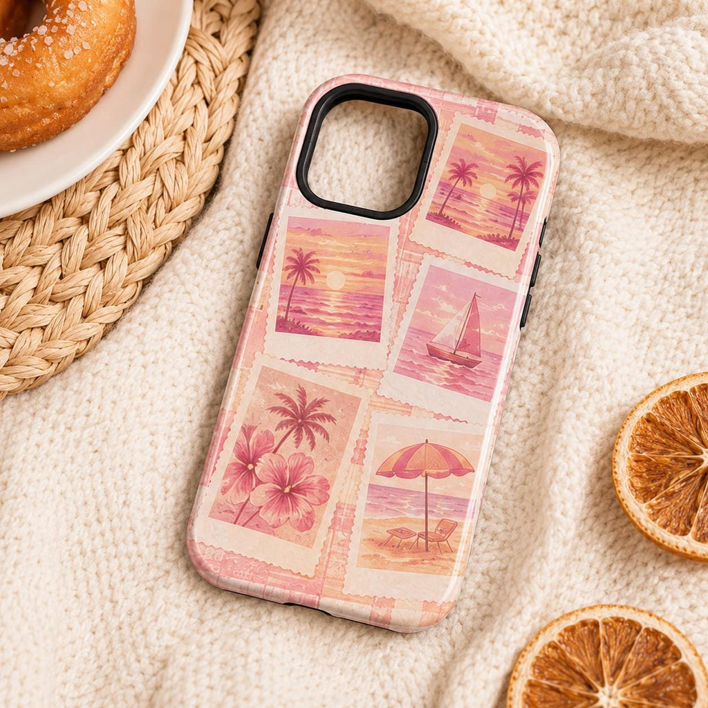 Summer Stamp Phone Case, Pink Beach iPhone Case, Coquette Coastal Travel Case Gift