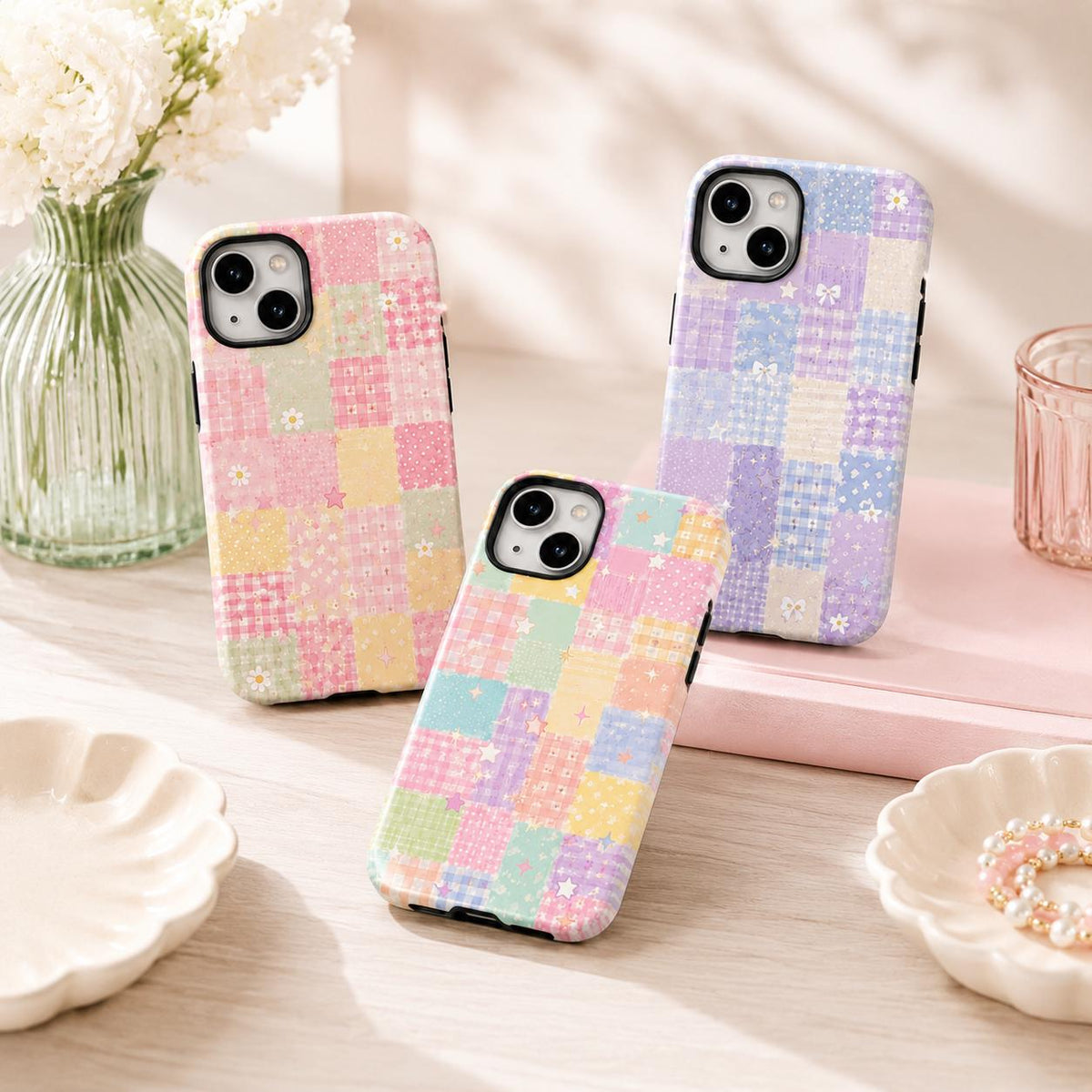Pastel Patchwork Phone Case, Coquette Quilt Star iPhone Case, Cute Cottagecore Case Gift