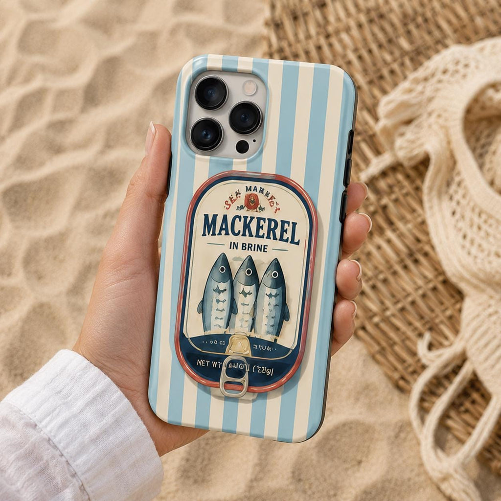 Mackerel Tin Phone Case, Coastal Sea Market iPhone Case, Retro Fish Lover Gift