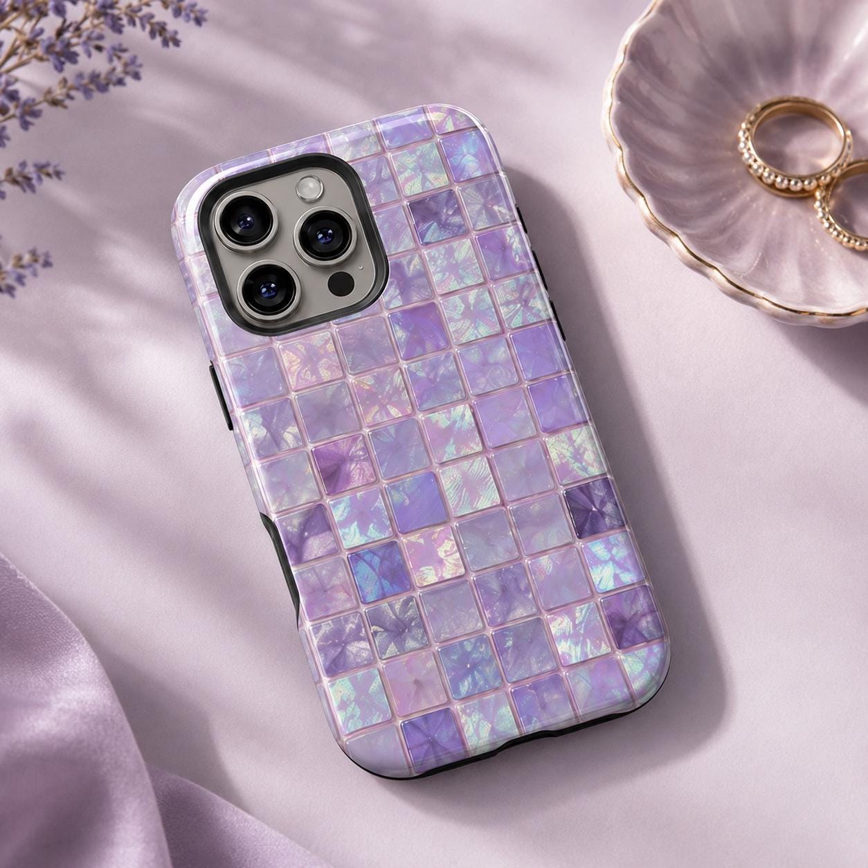 2D Printed Aqua Mosaic Phone Case, Iridescent Tile iPhone Case, Mermaid Ocean Aesthetic Case Gift