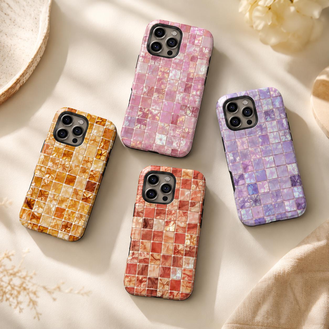 2D Printed Aqua Mosaic Phone Case, Iridescent Tile iPhone Case, Mermaid Ocean Aesthetic Case Gift