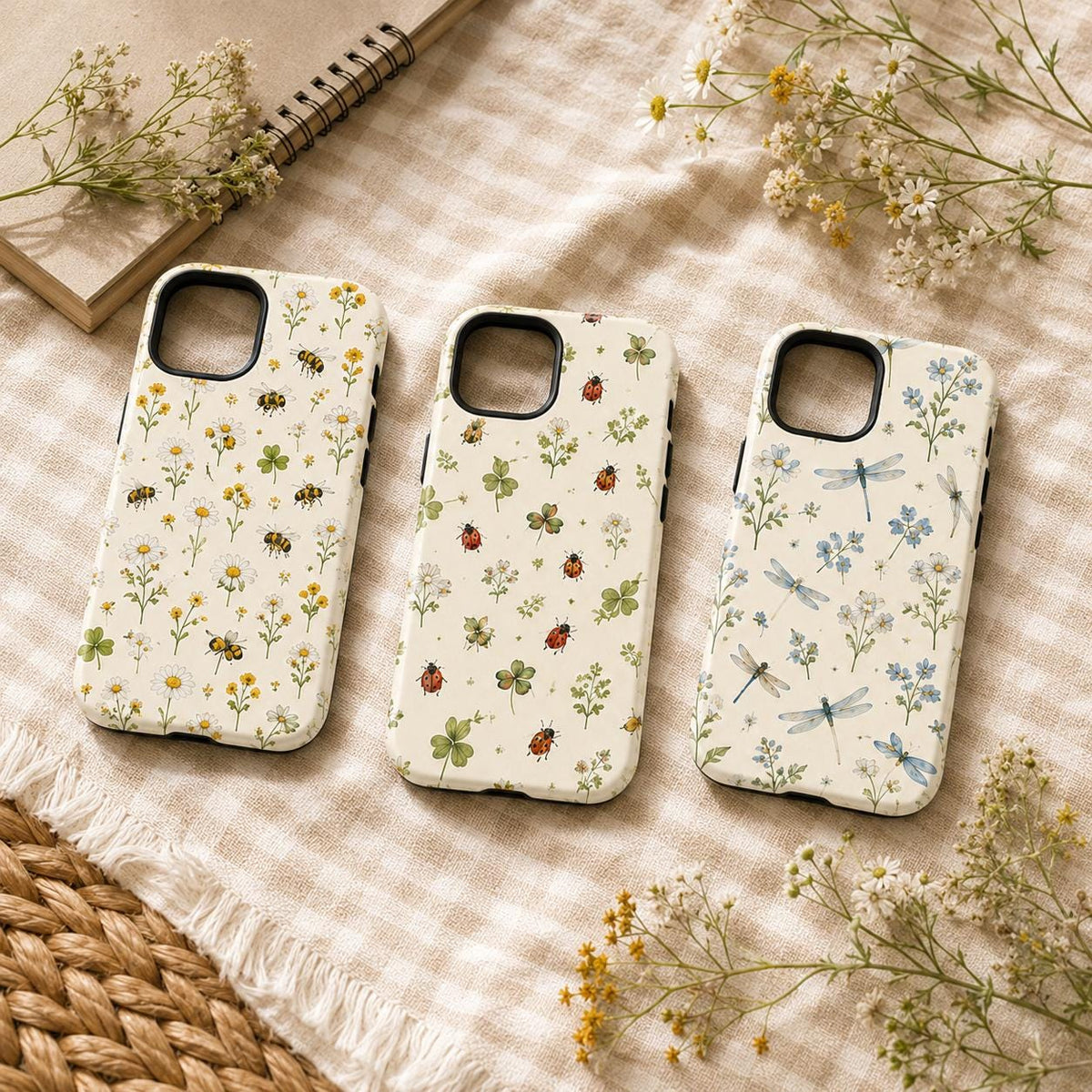 Wildflower Bug Phone Case, Cottagecore Floral iPhone Case, Daisy Butterfly Nature Case Gift