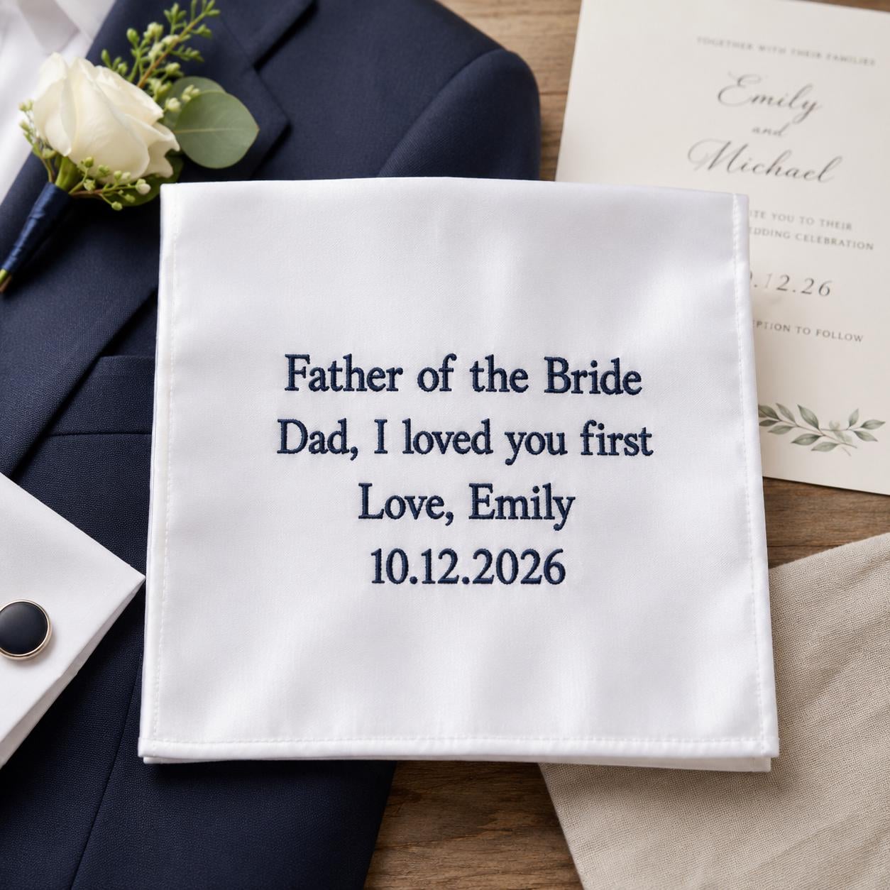 Father of the Bride Embroidered Handkerchief, Personalized Wedding Hanky for Dad, Custom Pocket Square Gift from Bride