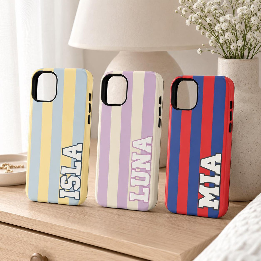 Custom Varsity Name Phone Case, Striped Pastel iPhone Case, Personalized Preppy Name Case Gift