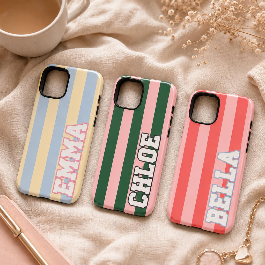 Custom Varsity Name Phone Case, Striped Pastel iPhone Case, Personalized Preppy Name Case Gift