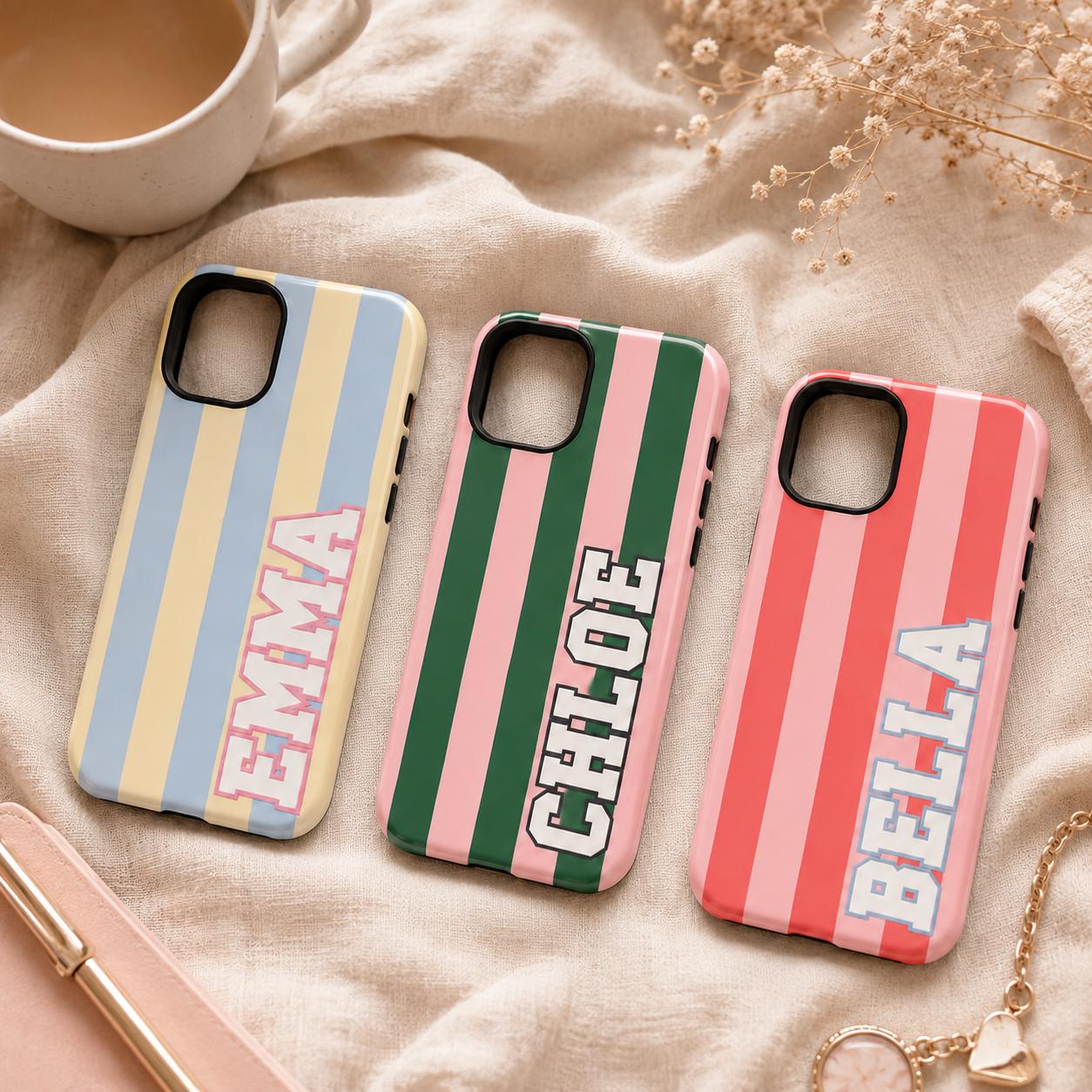 Custom Varsity Name Phone Case, Striped Pastel iPhone Case, Personalized Preppy Name Case Gift