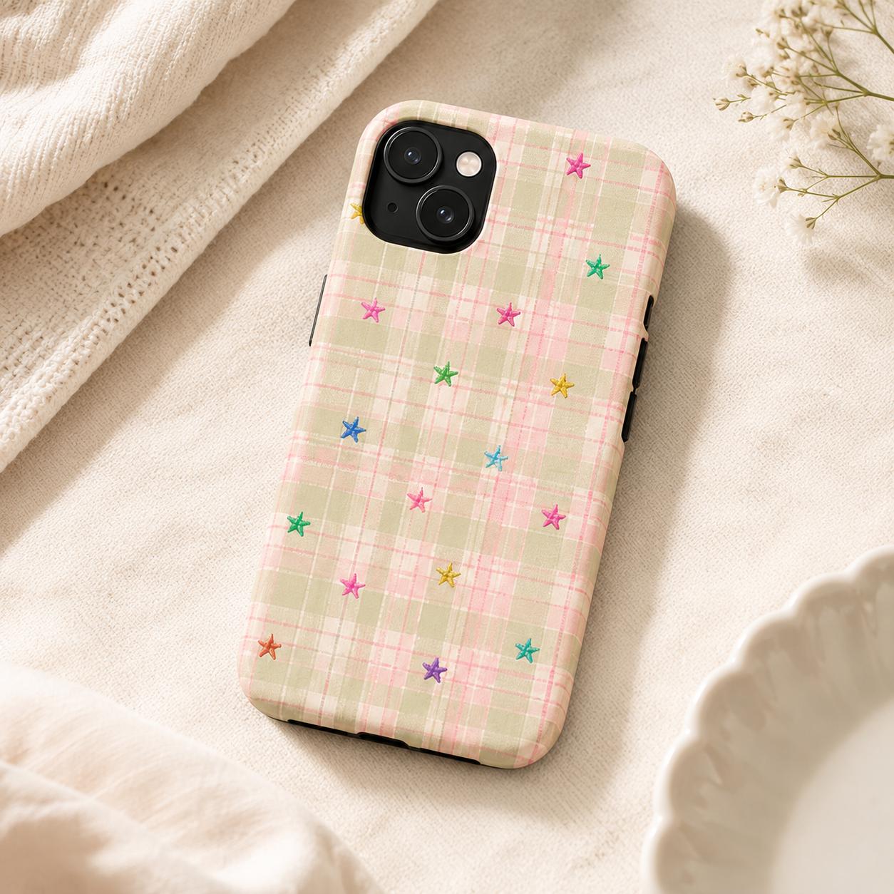 Gingham Star Phone Case, Colorful Plaid iPhone Case, Cute Coquette Checkered Case Gift
