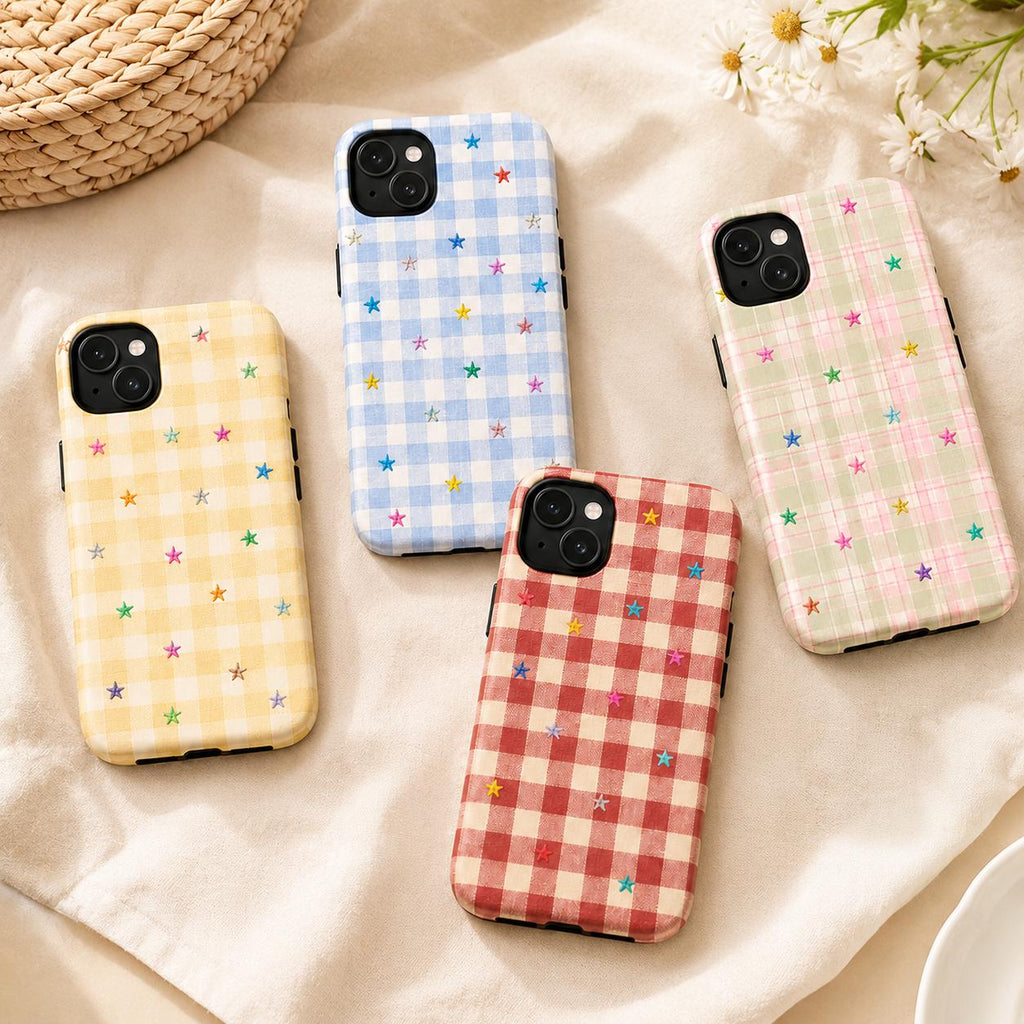 Gingham Star Phone Case, Colorful Plaid iPhone Case, Cute Coquette Checkered Case Gift