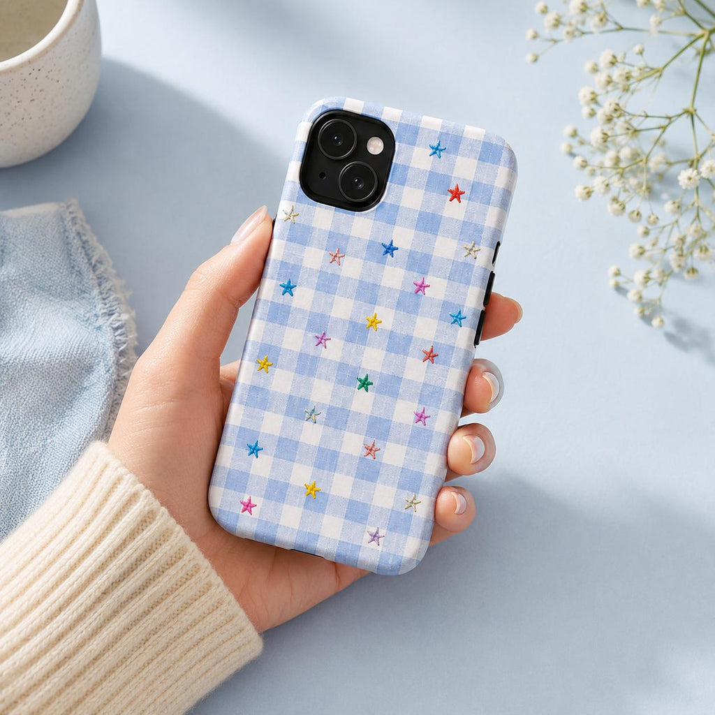 Gingham Star Phone Case, Colorful Plaid iPhone Case, Cute Coquette Checkered Case Gift