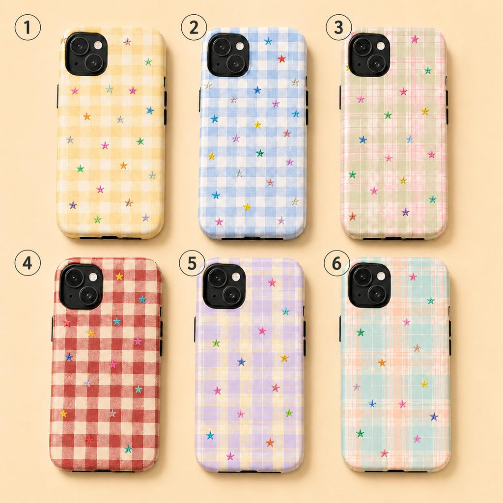 Gingham Star Phone Case, Colorful Plaid iPhone Case, Cute Coquette Checkered Case Gift