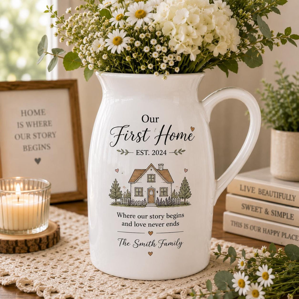 Personalized First Home Ceramic Pitcher Vase, Custom Family Name Housewarming Gift, New Home Decor - product image 1