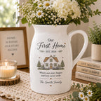 Personalized First Home Ceramic Pitcher Vase, Custom Family Name Housewarming Gift – main product view