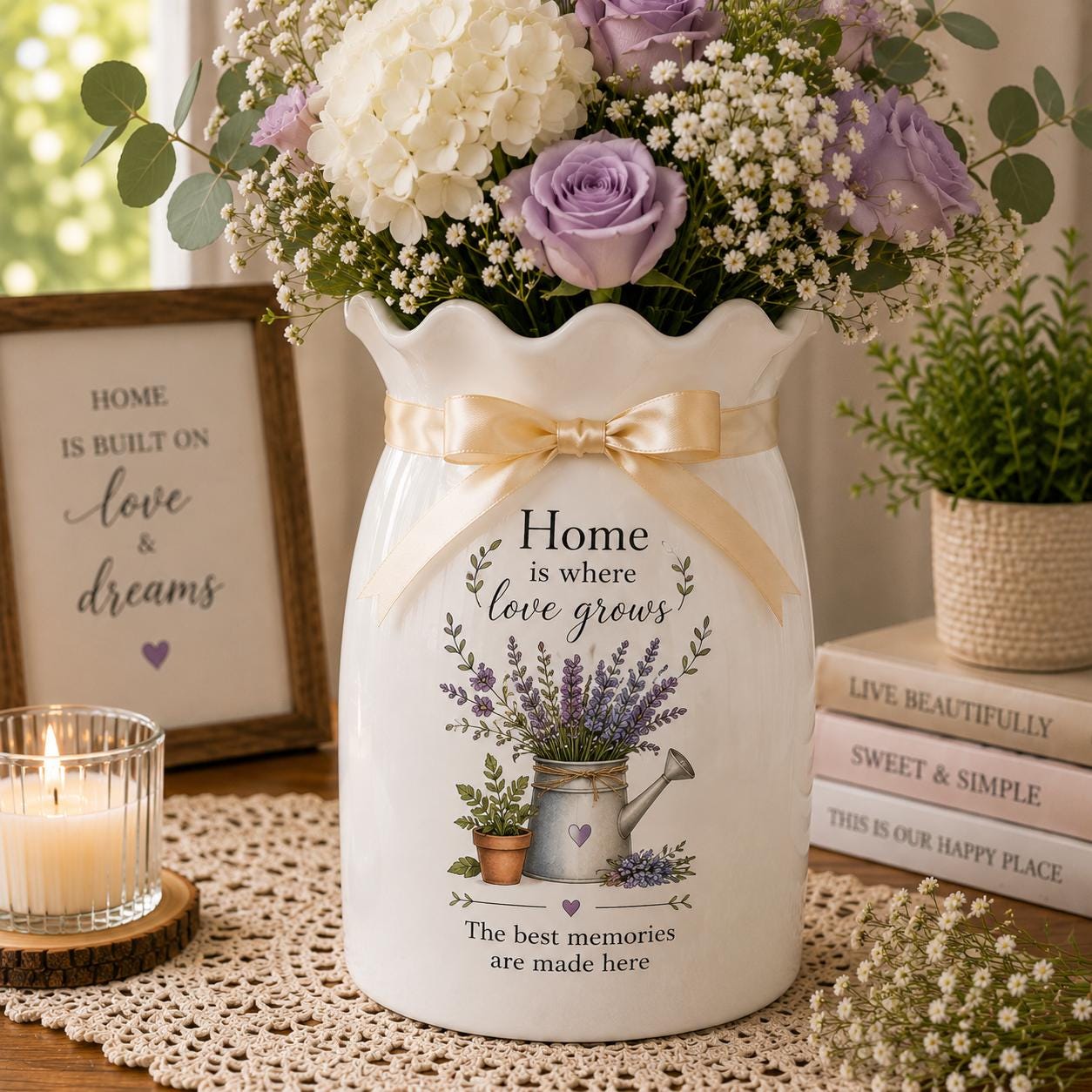 Personalized Home Ceramic Flower Vase, Custom Family Housewarming Gift, Lavender Floral Vase, New Home or - product image 1