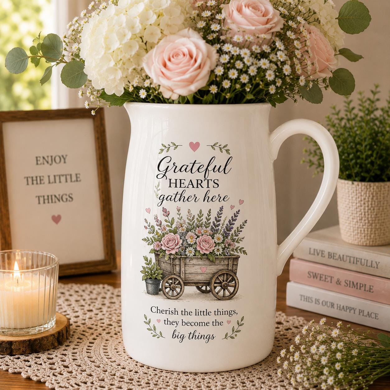 Personalized Grateful Hearts Ceramic Pitcher Vase, Custom Family Flower Vase, Housewarming Gift, Gift for - product image 1